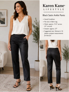 Karen Kane Black Satin Cropped Ankle Pants Size 10 Quiet Luxury Cocktail Formal